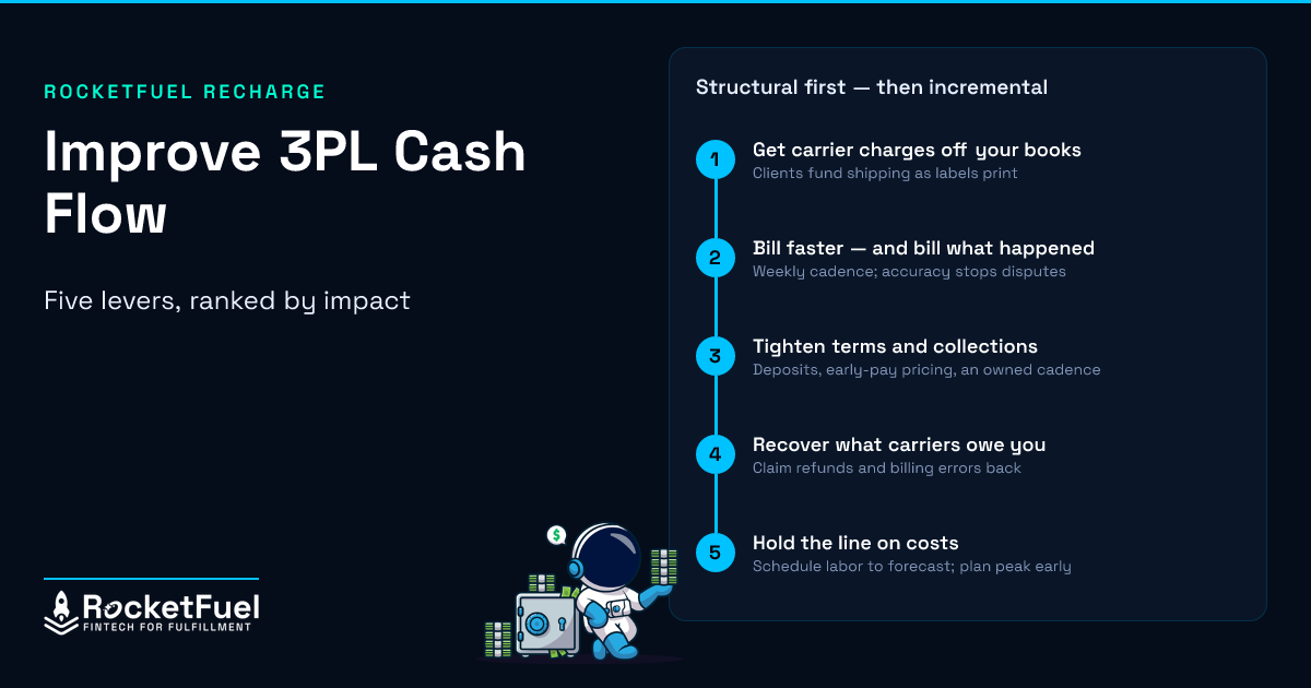 Improve 3PL cash flow — five levers ranked by impact, structural first. 1, get carrier charges off your books: clients fund shipping as labels print. 2, bill faster and bill what happened: weekly cadence, accuracy stops disputes. 3, tighten terms and collections: deposits, early-pay pricing, an owned cadence. 4, recover what carriers owe you: claim refunds and billing errors back. 5, hold the line on costs: schedule labor to forecast and plan peak early.