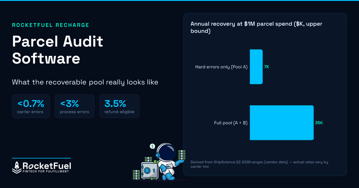 Parcel Audit Software — what the recoverable pool really looks like. Key figures: under 0.7% of spend in hard carrier errors, under 3% in process-driven errors, 3.5% of volume refund-eligible. Bar chart of annual recovery at $1M parcel spend, upper bound: hard errors only $7K, full pool $35K. Derived from ShipScience Q2 2026 ranges (vendor data).